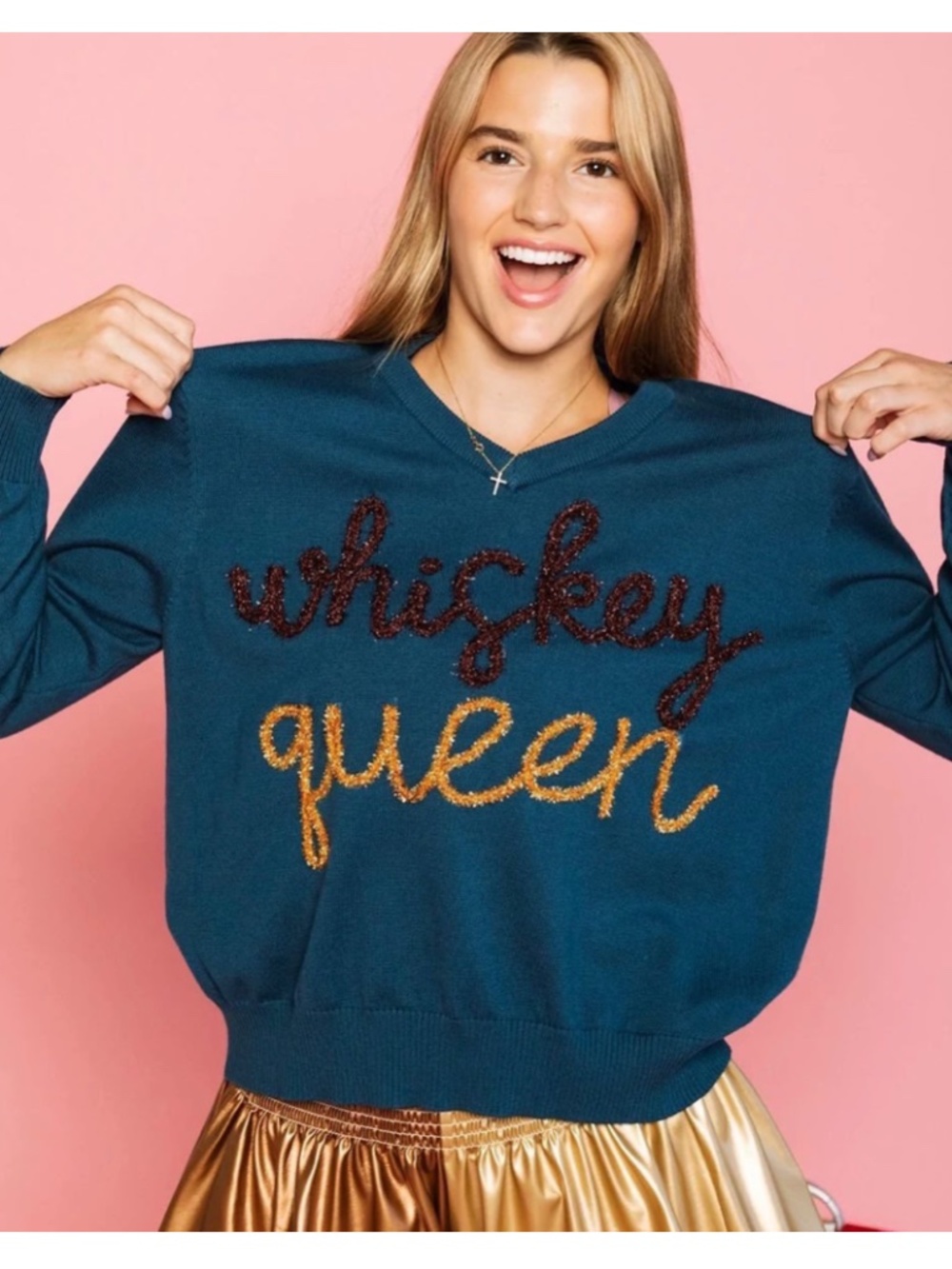 Queen of Sparkles Whiskey Queen V-Neck Sweater Size XS